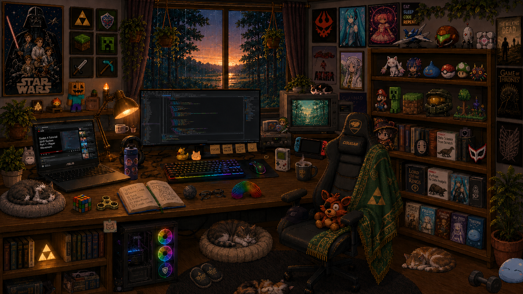 Ilustración panorámica del cuarto personal en pixel art, con escritorio, lámpara cálida, gatos durmiendo y objetos nostálgicos